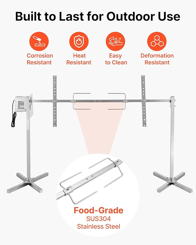 VEVOR Rotisserie Grill, 8 Level Height Stainless Steel Electric Rotisserie Grill Kit, 132 lbs Load Capacity BBQ Grills Rotisseries Kit with 38W Motor, Automatic Grilling Kits for Parties