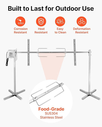 VEVOR Rotisserie Grill, 8 Level Height Stainless Steel Electric Rotisserie Grill Kit, 132 lbs Load Capacity BBQ Grills Rotisseries Kit with 38W Motor, Automatic Grilling Kits for Parties