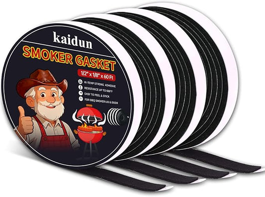 kaidun BBQ Smoker Seal Gasket, 4 Pack x 15 Ft, 1/2" x 1/8", High Heat Grill Gasket, Easy to Peel, Black