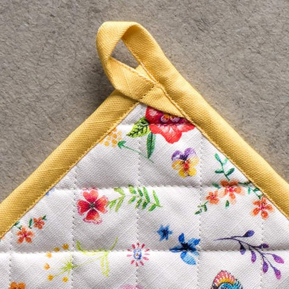 Maison d' Hermine 100% Cotton Oven Mitt & Pot Holder Set (7.5"x13" & 8"x8") Heat Resistant BBQ Cooking Gloves with Loop Baking Grilling Kitchen Home Farmhouse Spring Summer (Happy Florals - Sweety)