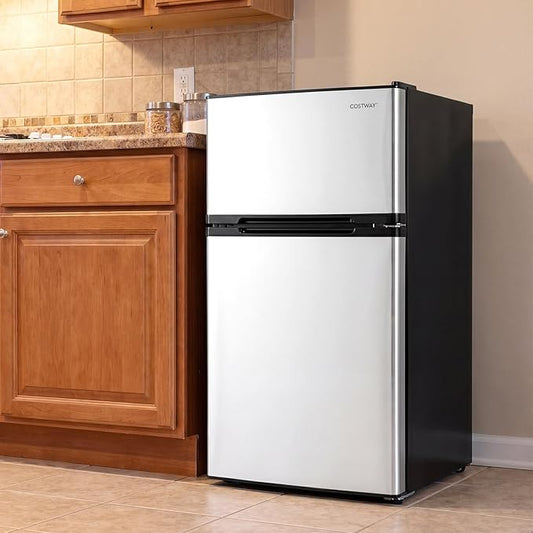 COSTWAY Compact Refrigerator, 3.2 Cu.Ft. Fridge Freezer Compartment with Reversible 2 Door, Adjustable Thermostat, Removable Glass Shelves, Mini Refrigerator for Bedroom Dorm Apartment, Glossy Silver