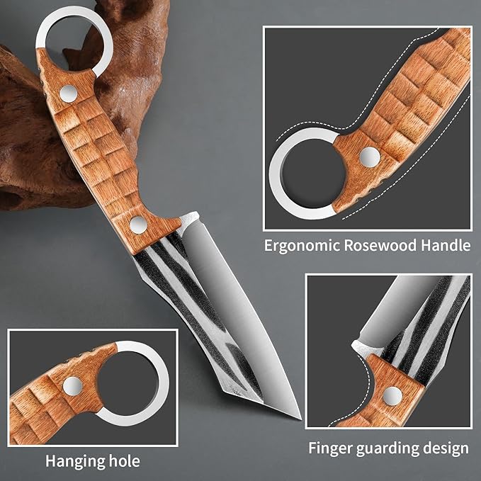 Plys Camping Knife 4” Fillet & Bushcraft, Fixed Blade Hunting Knives, Full-Tang Blade, Ergonomic Rosewood Handle with Finger Guard, Outdoor/Hiking/BBQ, Lanyard Hole, Gift Box