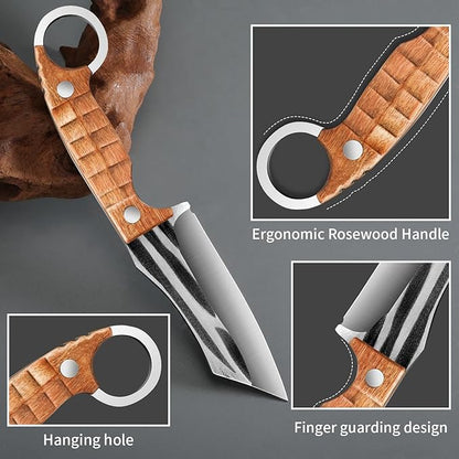 Plys Camping Knife 4” Fillet & Bushcraft, Fixed Blade Hunting Knives, Full-Tang Blade, Ergonomic Rosewood Handle with Finger Guard, Outdoor/Hiking/BBQ, Lanyard Hole, Gift Box