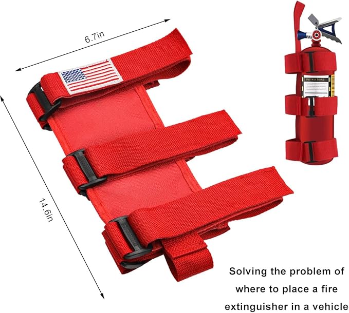 Ohleats Roll Bar Fire Extinguisher Holder, Adjustable Fire Extinguisher Mount Strap with American Flag Pattern, Car Accessories Fixed Belt for Wrangler JK JKU TJ CJ Gladiator (Red)