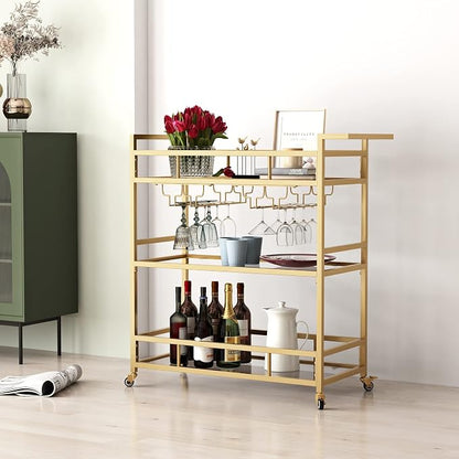 Gold Bar Carts with 3 Tier Glass Shelves, Rolling Serving Bar Cart with Wine Rack and Glass Holder, Home Bar Carts & Wine Carts on Wheels for Kitchen, Indoor & Outdoor