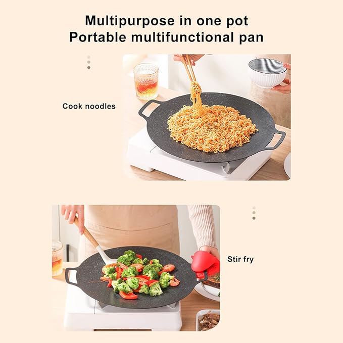Korean Grill Pan,13inch Nonstick Round Griddle Grill Pan for Korean BBQ,Round BBQ Griddle with Handle,Multifunctional Stove Plate for Meats, Pancakes, Ribs