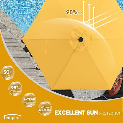 Tempera Patio Market Outdoor Table Umbrella with Push Button Tilt and Crank, Large Sun Umbrella with Sturdy Pole & Fade Resistant Canopy, Easy to Set