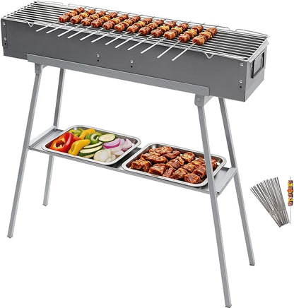 Portable Charcoal Grill with 36PCS Stainless Steel Skewers, Heavy Duty BBQ Grill with Folding Legs & 31.6x7.1" Cooking Area, Kebab Grill for Outdoor, Camping, Party, Backyard & Picnic