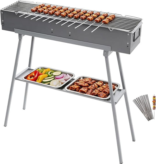 Portable Charcoal Grill with 36PCS Stainless Steel Skewers, Heavy Duty BBQ Grill with Folding Legs & 31.6x7.1" Cooking Area, Kebab Grill for Outdoor, Camping, Party, Backyard & Picnic