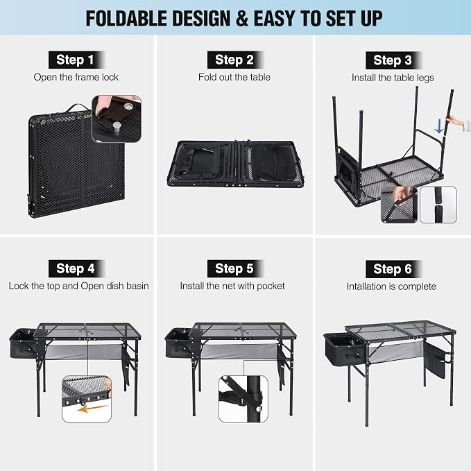 Portable Grill Table with Sink for Outside, Aluminum Frame Folding Grill Stand Table for Outdoor Camping Picnic BBQ, Lightweight Adjustable Height, 36 x 20 x 31 Inches, Black