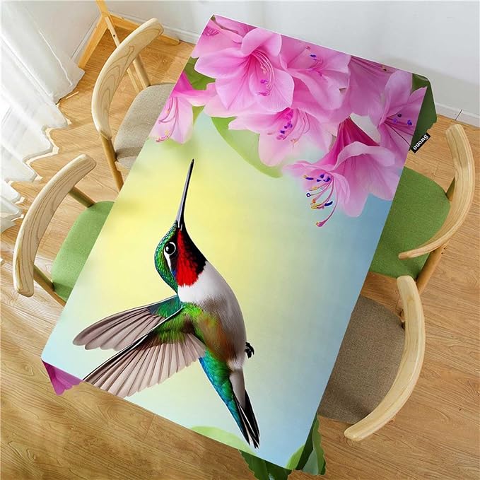 Swono Hummingbird Table Cloth Rectangle Tables Spring Flowers Humming Bird Kitchen Table Cover Oblong 52"X70" Tablecloth for Dining Table Buffet Parties Patio and Camping
