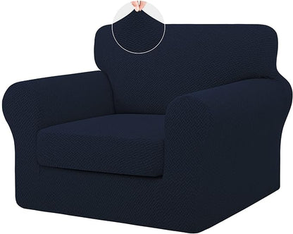 ISSUNTEX 2 Pieces High Stretch Thicken Chair Couch Covers, Soft Sofa Slipcover for 1 Separate Cushion Couch, Jacquard Fabric Elastic Sofa Cover Furniture Protector for Dogs (Chair, Navy)