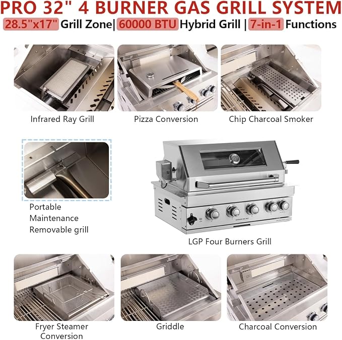12PCS 32" Built - In Outdoor Kitchen System, 60000 Btu Stainless Steel BBQ Grill Island, Propane Gas Grill with Ice Bin, Paper Towel Holder, Cabinets, Rotisserie Kit, Backyard Cooking Station