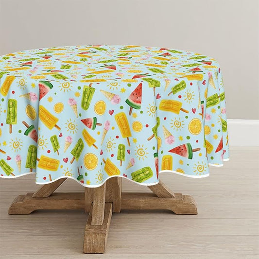 Horaldaily Summer Tablecloth 60 x 60 Inch Round Tropical Popsicle Ice Cream | Orange Sunshine Blue White Seasonal Washable Table Cover for Party Picnic Dinner Decor