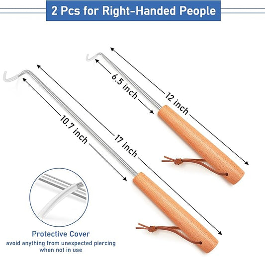 Pigtail Food Flipper 2Pcs, HaSteeL 12 & 17 Inch Meat Turner Hook, Stainless Steel Pig Tail Flipper Hook With Wooden Handle, Grill Accessories for BBQ Grilling Griddle Kitchen Cooking - Right Handed
