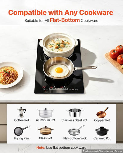 VEVOR Electric Cooktop 12inch 2 Burners Portable Stove Top 1800W 120V, Ceramic Countertop/Built-in Radiant Electric Stove, with 16 Power Levels, Timer, Child Lock, Over-Heat Guard, Touch Control