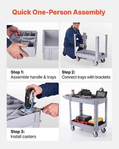 VEVOR Utility Cart, 550 lbs Capacity, 2 Tier Service Cart with 360° Swivel & Fixed Wheels (2 with Brakes), Heavy Duty Plastic Rolling with Storage Tray, Tool Storage for Garage Warehouse Workshop