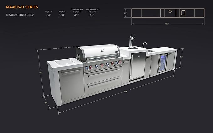 Mont Alpi Deluxe 180"W Stainless Steel Outdoor Kitchen Island with Refrigerator + Faucet & Sink + 3-tap Kegerator Beer Dispenser + 44"W 6-Burner BBQ Gas Grill + Granite Countertops + Storage + Cover