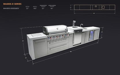 Mont Alpi Deluxe 180"W Stainless Steel Outdoor Kitchen Island with Refrigerator + Faucet & Sink + 3-tap Kegerator Beer Dispenser + 44"W 6-Burner BBQ Gas Grill + Granite Countertops + Storage + Cover