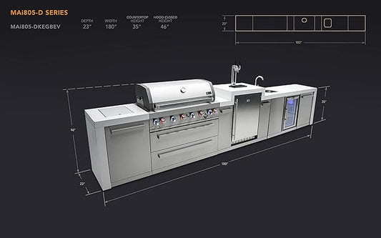 Mont Alpi Deluxe 180"W Stainless Steel Outdoor Kitchen Island with Refrigerator + Faucet & Sink + 3-tap Kegerator Beer Dispenser + 44"W 6-Burner BBQ Gas Grill + Granite Countertops + Storage + Cover