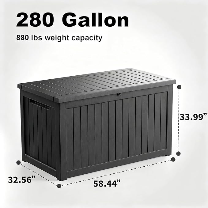 Vixzen 280 Gallon Large Outdoor Storage Box Waterproof, UV Resistant Resin Deck Box with Hydraulic Rod & Lockable Latch for Patio Furniture, Outside Storage Box for Garden Tools, Patio Cushions, Black