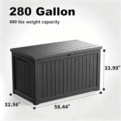 Vixzen 280 Gallon Large Outdoor Storage Box Waterproof, UV Resistant Resin Deck Box with Hydraulic Rod & Lockable Latch for Patio Furniture, Outside Storage Box for Garden Tools, Patio Cushions, Black