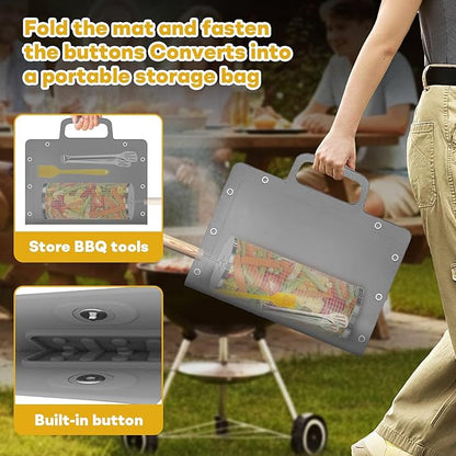 Portable Outdoor Silicone Grill Mat, Foldable Heat-Resistant Table Mat & BBQ Side Shelf Tool Pad with Snap Buttons, Converts into Storage Bag for Utensils and Food, Food-Grade, Non-Slip(Gray)