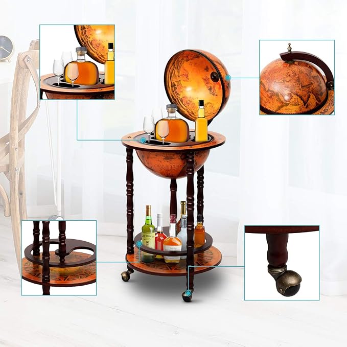 17" Wooden Globe Wine Rack, Wooden Globe Wine Bar Stand, Freely Movable Stable Liquor Bottle Shelf, Nautical Chart Wine Storage Cabinet, 16th Century Retro Wine Cupboard, Retro Brown