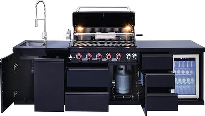 Black 6-Burner 85000 BTU Stainless Steel Propane Gas Outdoor Kitchen Island Grill with Glass-Door Refrigerator, Trash Can, Pull-Out Sink & 3 Drawers | for Patio & Backyard BBQ
