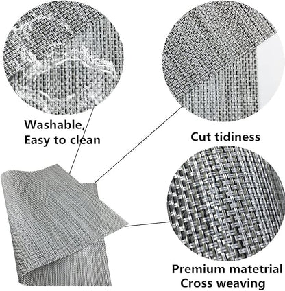 WAZAIGUR Placemats,Easy to Clean Crisscross Woven Vinyl Place Mats Durable Non-Slip Heat Resistant Table Mats,Placemats for Kitchen Table Set of 4,Silver and Black