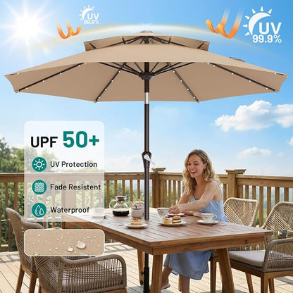 AreShark 9ft 2 Tiers Patio Umbrella with Solar Lights, Outdoor Umbrella w/ 32 LED Lights&8 Sturdy Ribs, Table Umbrella for Deck, Backyard, Pool(Beige)