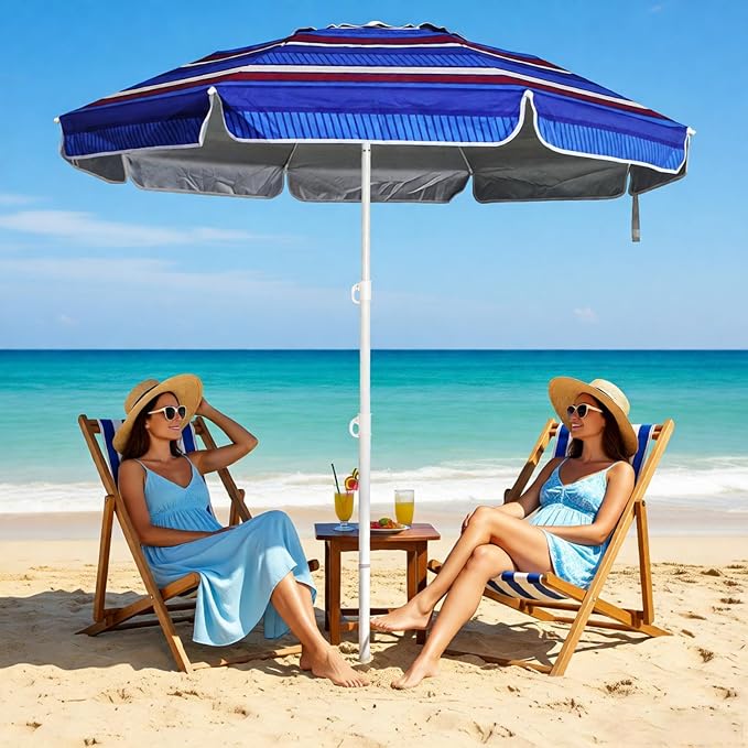 LOTTAFUN 6ft Beach Umbrella - Heavy Duty Wind Resistant UV 50+ Portable Sun Shade with Sand Anchor & Carry Bag, Outdoor Folding Umbrella for Beach, Pool, Patio, Garden (Blue color strip) No Tilt The sand needs to exceed the spiral 6inch