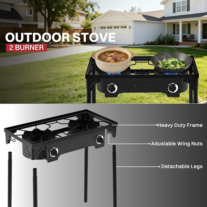 2 Burner Propane Camp Stove | 150,000 BTU | High Pressure Gas Burners | CSA Certified | Waterproof Cover | Detachable Legs | Ideal for Camping Tailgating Backyard Outdoor Cooking