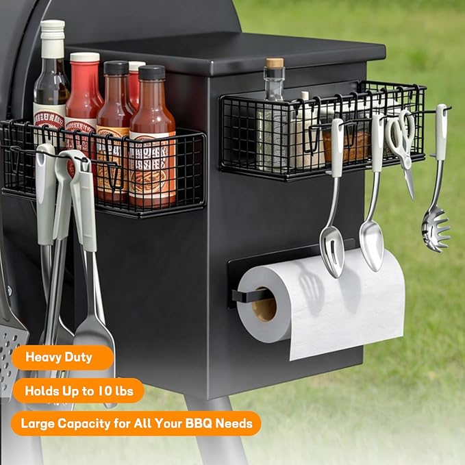 2 Pack Magnetic Storage Bin for Trae-ger Grills, Trae-ger Accessories for Smoker with Paper Towel Holder & 10 Hooks, Fits Trae-Ger Pro 22/34/575/780, Ironwood 650/885, Pit-Boss & Z-Grills