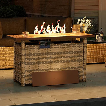 Aoxun Outdoor Patio Furniture with Fire Pit Table, 50,000 BTU Wicker Gas Fire Pits with Lid, 44'' Propane Gas Firepit Table for Backyard, Poolside, Garden (Yellow)
