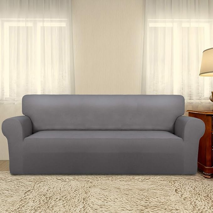 PureFit Stretch Oversized Couch Covers Fleece Sofa Slipcovers Light Gray | 1-Piece Sofa Cover Washable Soft Couch Protector, Couch Slipcover with Non Skid Foam and Elastic Bottom for Kids, Dogs