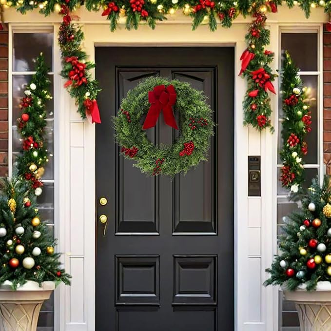 GarveeHome Christmas Wreaths for Front Door, 24 in Large Outdoor Christmas Wreath with Berries Velvet Bow, Winter Artificial Cypress Wreath Xmas Wreath for Indoor Window Wall Fireplace Holiday Decor