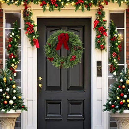 GarveeHome Christmas Wreaths for Front Door, 24 in Large Outdoor Christmas Wreath with Berries Velvet Bow, Winter Artificial Cypress Wreath Xmas Wreath for Indoor Window Wall Fireplace Holiday Decor