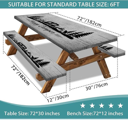 Picnic Table Cover with Bench Covers and Drawstring Bag, Camping Essentials, Happy Camper Camping Tablecloth, Waterproof Windproof Elastic Edges Fitted Rectangle Tables, 3PCS, 30x72 Inch