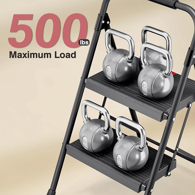 TOOLF 2 Step Ladder, Folding Steel Step Ladder with Handrail, Black | 500 lb Capacity, Wide Anti-Slip Pedals, Steel Frame, Safety Handrail, Foldable, Indoor & Outdoor Use
