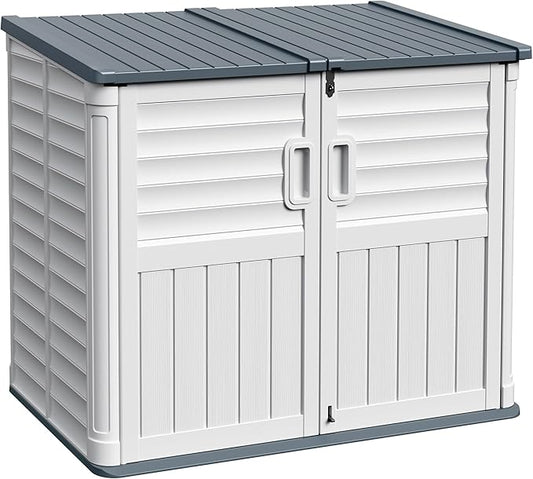 Devoko Outdoor Storage Shed, Resin, 34 Cu Ft Outdoor Storage Cabinet Without Shelf, Waterproof, Double Locks, Storage for Trash Can, Garden Tools, Pool Supplies, Beige