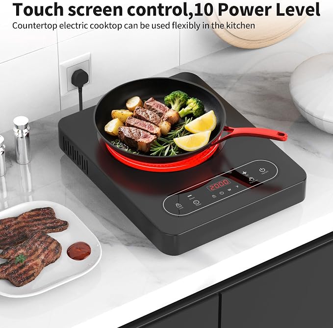 VBGK Single Burner Electric Cooktop,110V 1800W Electric Stove Top with LED Touch Control,10 Power Levels, 4 hTimer, Safety Lock,Portable cooktop,Overheat protection