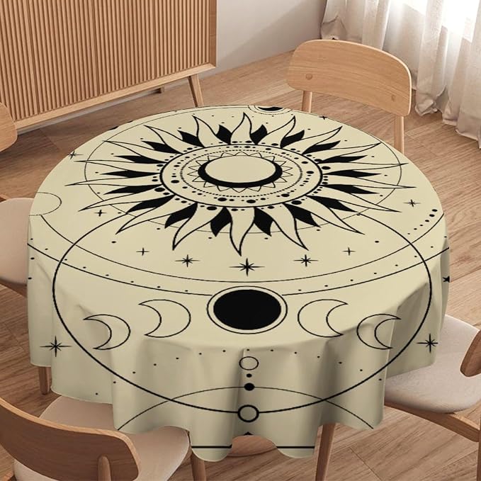 Vintage Tarot Moon Sun Round Tablecloth Moon Phase Star Galaxy Space Esoteric Astrology Table Cloth Water Resistant Wipeable Table Cover for Farmhouse Picnic Party Holiday Kitchen Dinner Table 50"