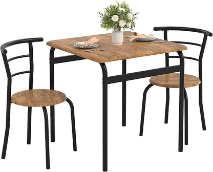 VECELO 3-Piece Dining Table Set for Kitchen Breakfast Nook, Wood Grain Square Tabletop and Metal Frame, for Small Spaces, Vintage Brown