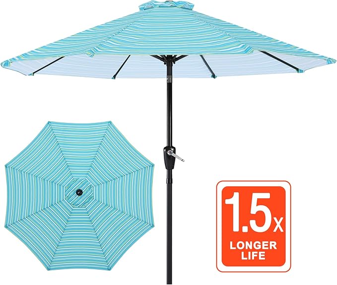 ABCCANOPY 9FT Patio Umbrella - Outdoor Waterproof Table Umbrella with Push Button Tilt and Crank, 8 Ribs UV Protection Pool Umbrella for Garden, Lawn, Deck & Backyard (Turquoise Stripes)