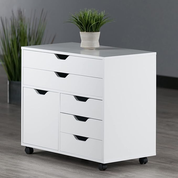 Winsome Halifax Mobile Storage Cabinet with 1 Door & 5 Drawers, White | Stylish & Functional Home Storage Cabinet for Filing, Kitchen Organization, Moveable Furniture for Office, Dorms, Apartments