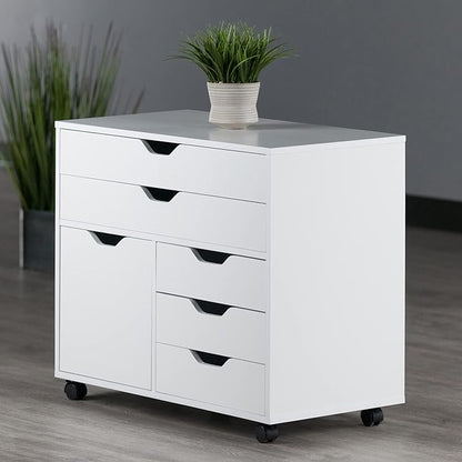 Winsome Halifax Mobile Storage Cabinet with 1 Door & 5 Drawers, White | Stylish & Functional Home Storage Cabinet for Filing, Kitchen Organization, Moveable Furniture for Office, Dorms, Apartments