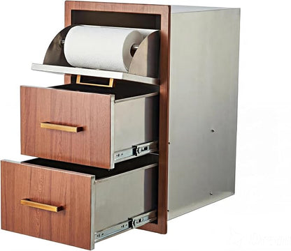 Garvee Outdoor Kitchen Drawers 17" W x 30" H x 21" D, Flush Mount Triple BBQ Drawers with Stainless Steel Handle, Paper Towel Holder Combo for BBQ Island, Patio Grill Station