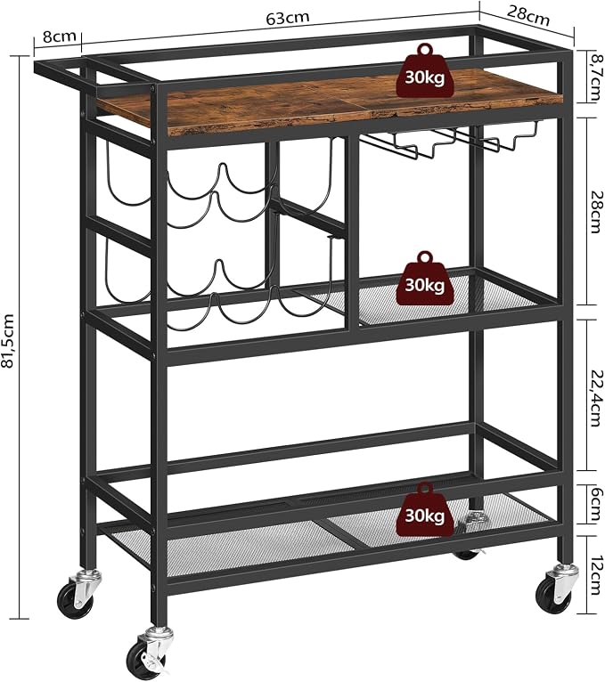 MAHANCRIS Bar Cart for Home, 3-Tier Serving Cart with Wheels and Handle, Beverage Cart with Wine Rack and Glass Holders, Rolling Wine Cart for Kitchen, Dining Room, Rustic Brown RCHR6101