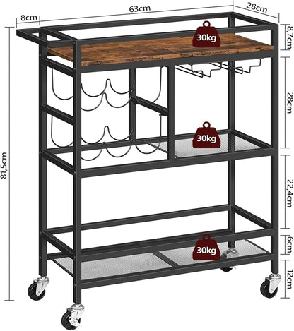 MAHANCRIS Bar Cart for Home, 3-Tier Serving Cart with Wheels and Handle, Beverage Cart with Wine Rack and Glass Holders, Rolling Wine Cart for Kitchen, Dining Room, Rustic Brown RCHR6101